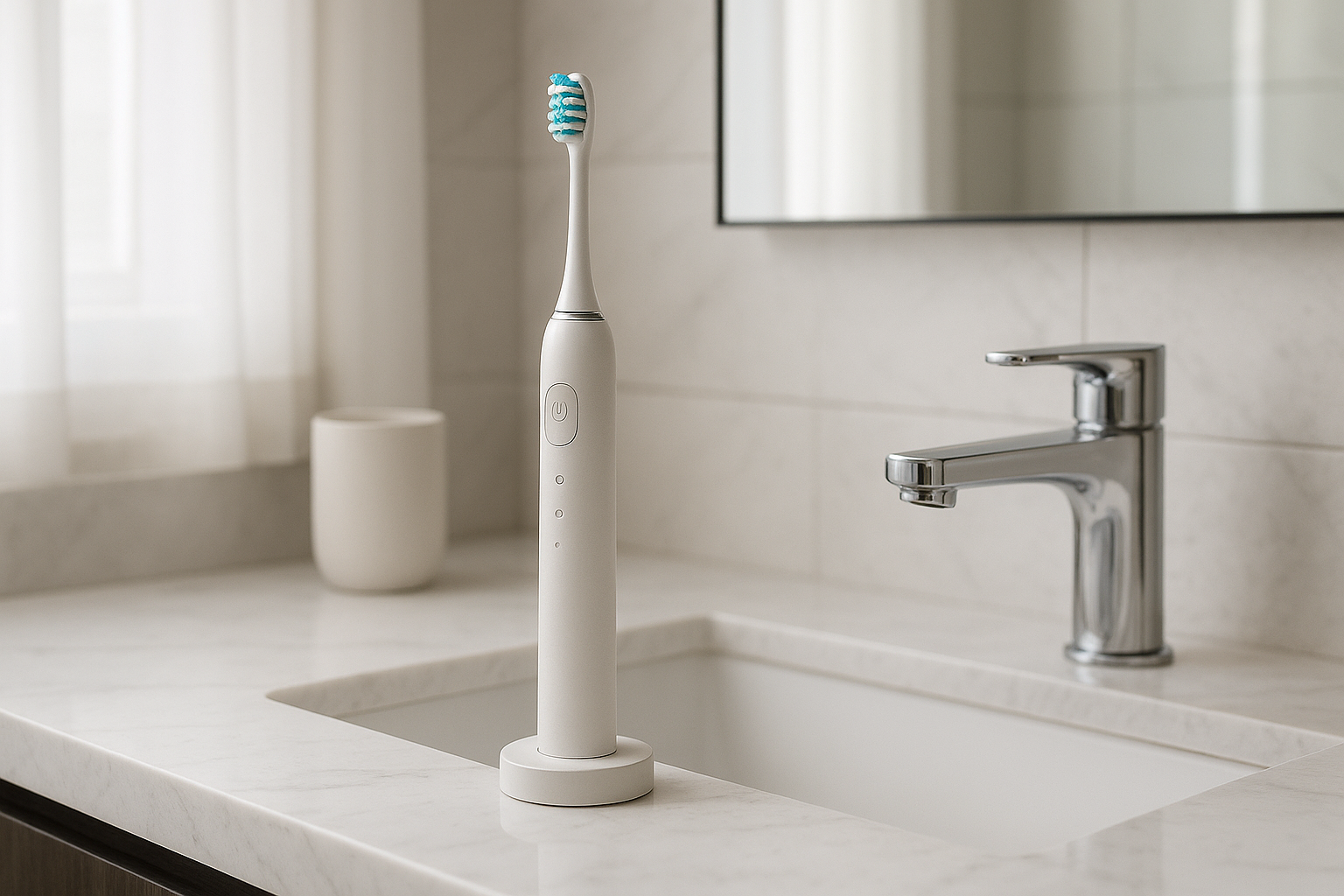 A electric toothbrush in a modern bathroom.